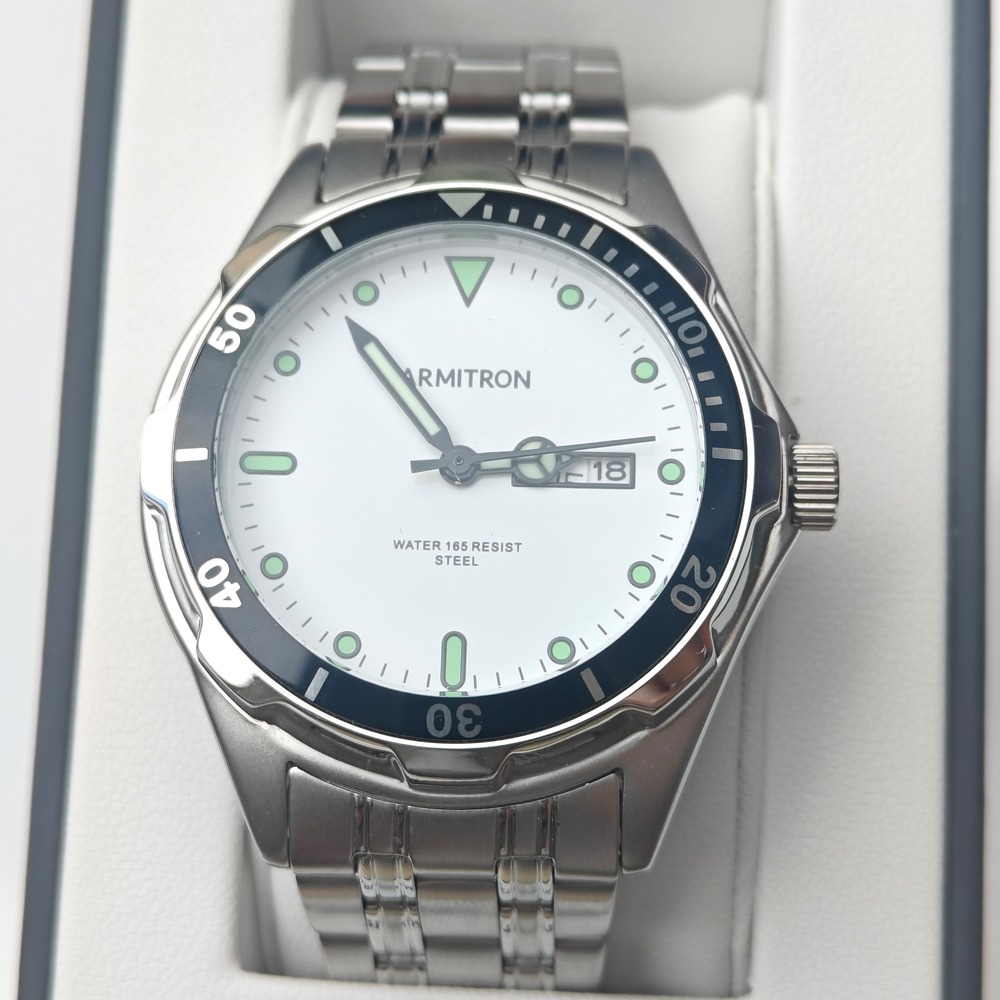 Men's Armitron Silver Tone Stainless Steel Scuba Diver Watch Date White Dial New